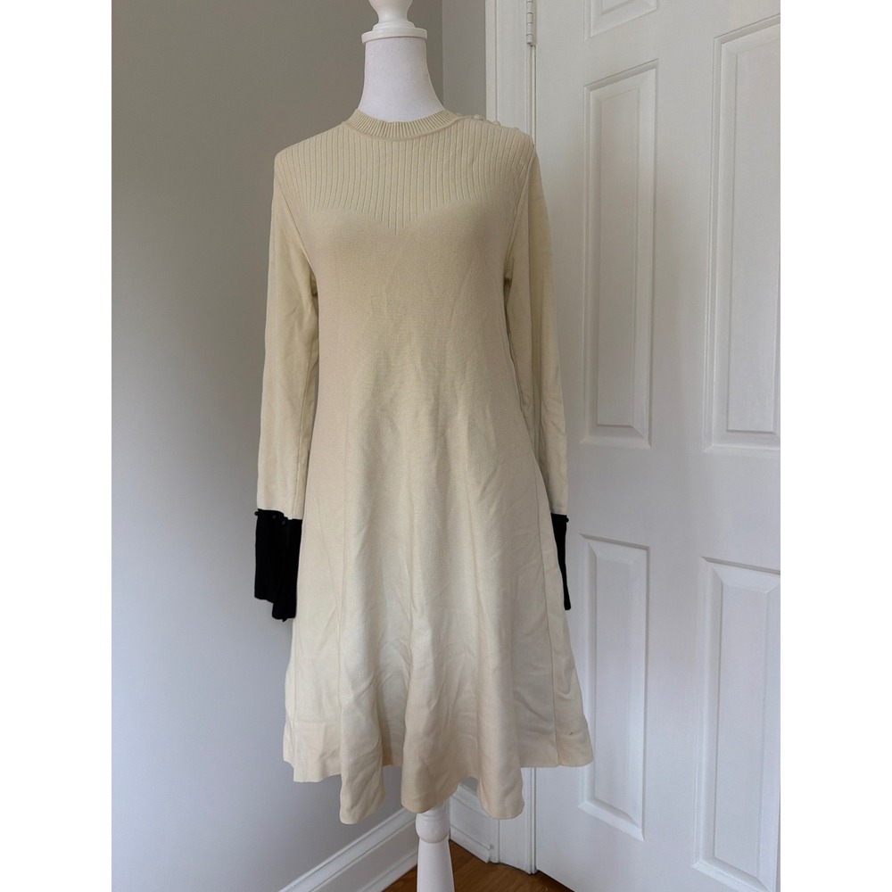 Sportmax Cream Ribbed Knit Dress Black Contrast Cuffs Button Shoulder Sz M
